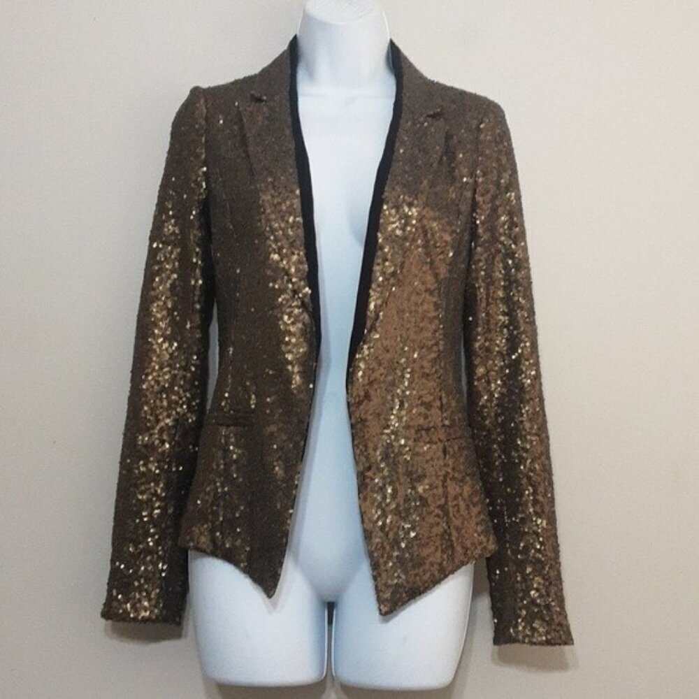 Rachel Roy open jacket blazer sequins women 0 event Y2K holiday party brown